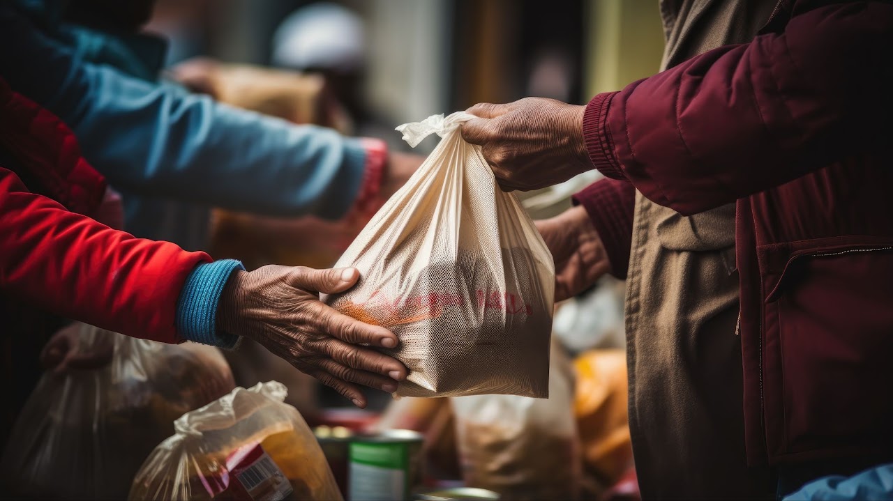 Volunteers handing bags of donated goods
